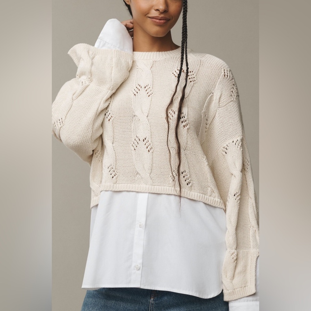 Anthropologie Pilcro cable-knit twofer sweater Cream S